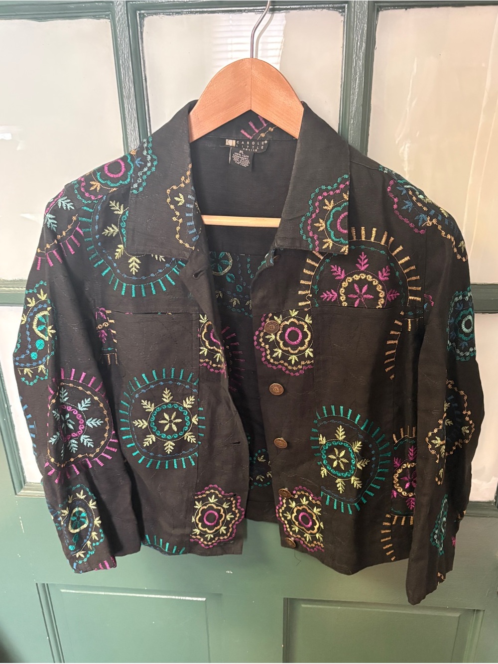 Carole Little Black Embroidered Linen Button-Front Jacket